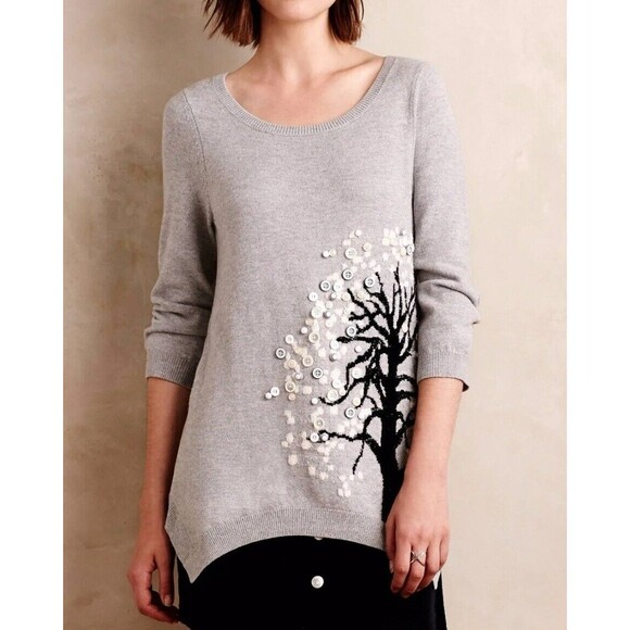 Anthropologie HWR Monogram S Cute As A Button Embellished Tunic Sweater - Picture 2 of 6